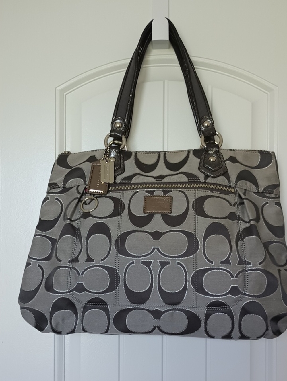 Coach Black Silver Signature C Jacquard Tote Purse Shoulder Bag Large